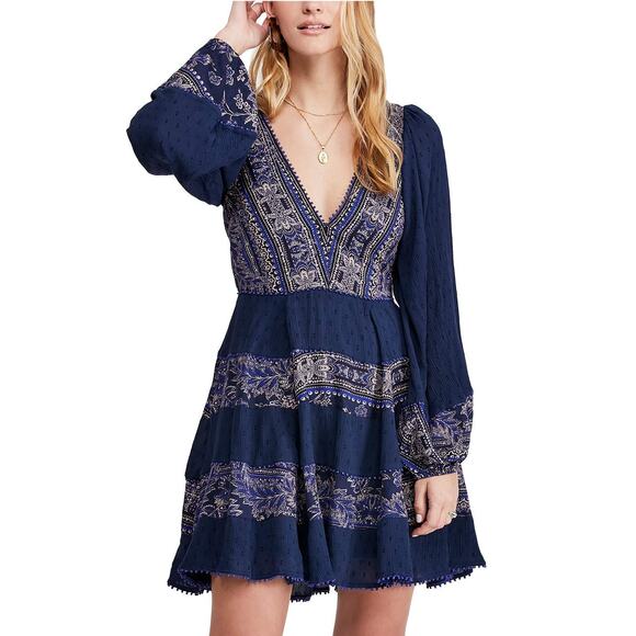 Free People My Love Blue Floral Boho Long Balloon Sleeve A Line Mini Dress Sz L - Picture 1 of 5
